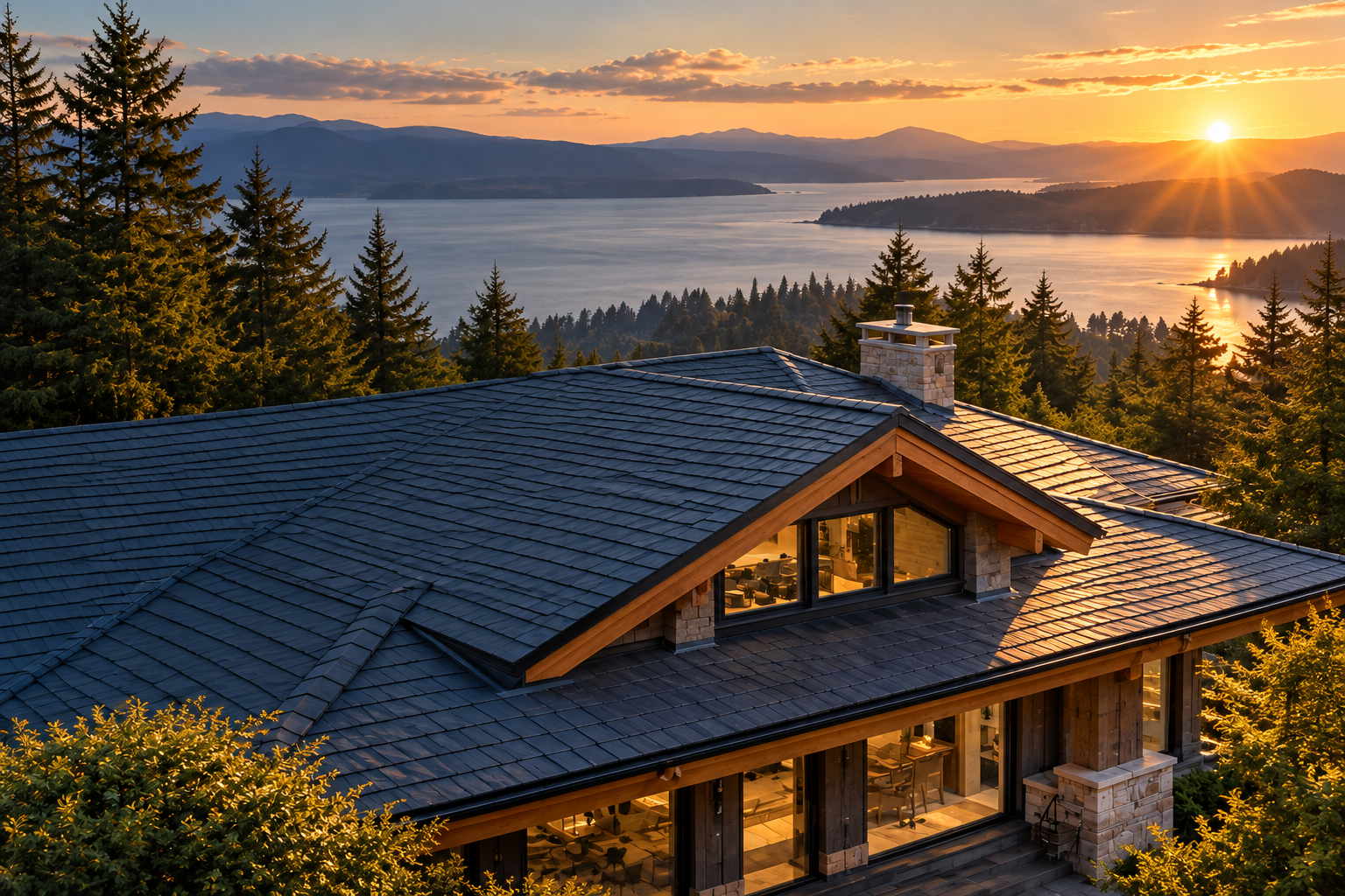 Concept illustration of a shingle roof overlooking a forested Vancouver Island inlet at sunset